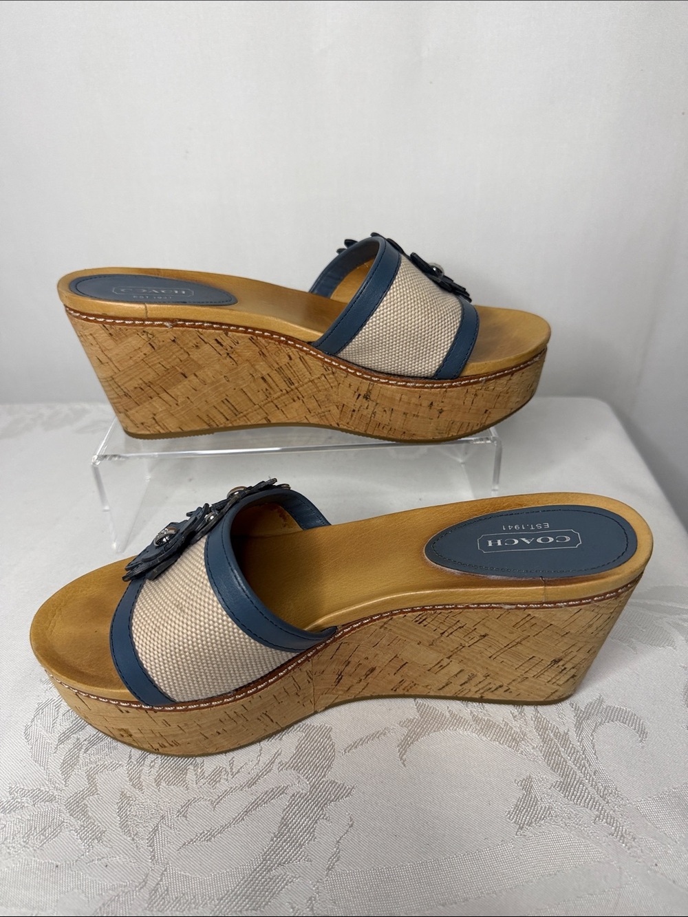 Coach Beige and Navy Cork Wedge Slide Sandals